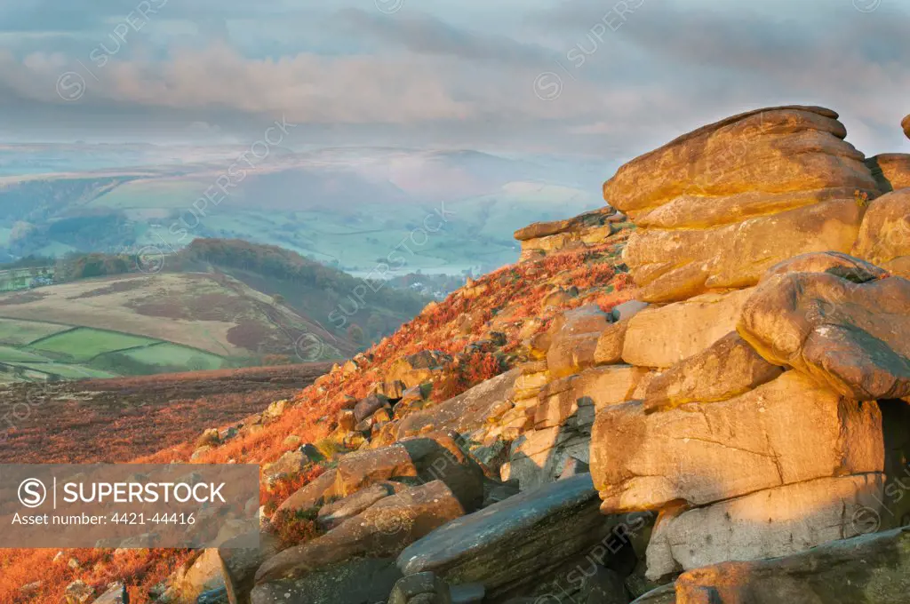 View of rocks and moorland habitat across valley at sunrise, looking from Higger Tor towards Burbage Moor, Peak District N.P., Derbyshire, England, October