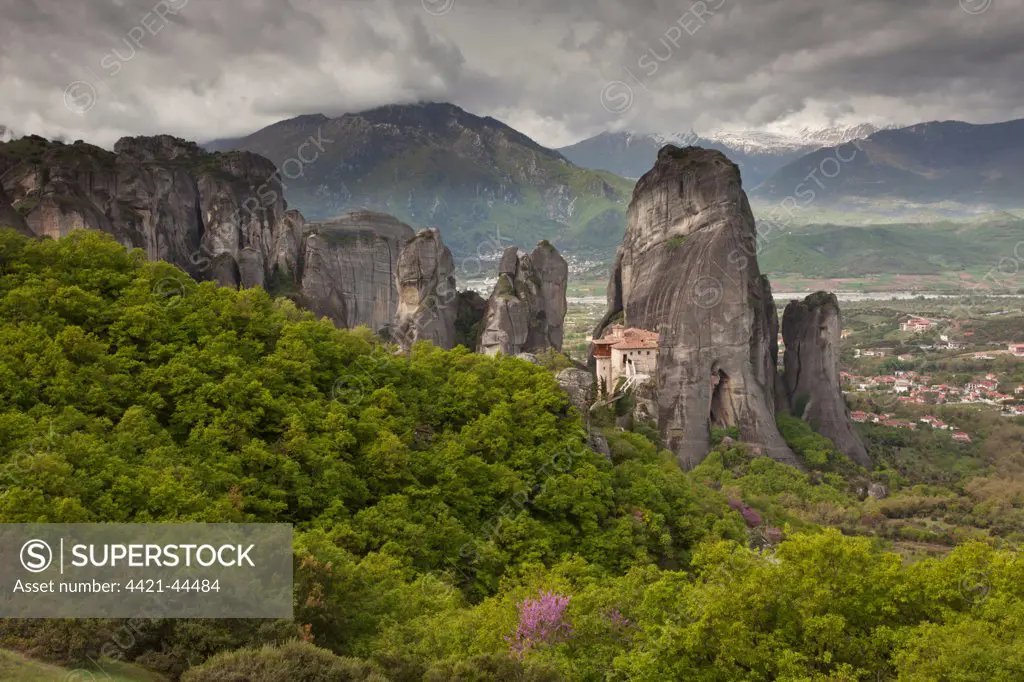 View of ancient monastery, on conglomerate pinnacles and cliffs, World Heritage Site, Roussanou Monastery, Meteora, Kalambaka, Thessaly, Greece, April