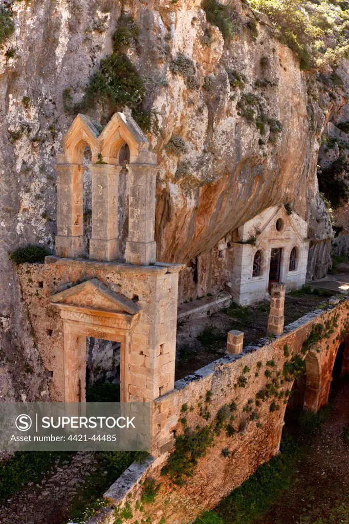Catholic monastery and St. John's Cliff, Akrotiri Peninsula, North Crete, Greece, April