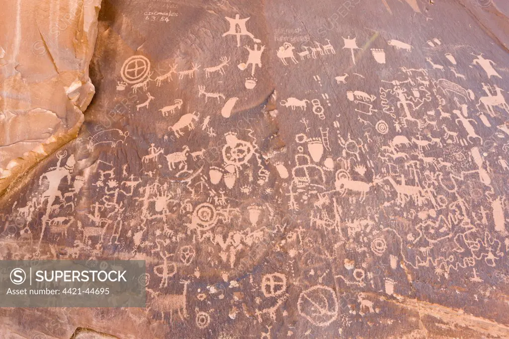Prehistoric and historic Native American petroglyphs, Newspaper Rock State Historic Monument, Utah, U.S.A., September