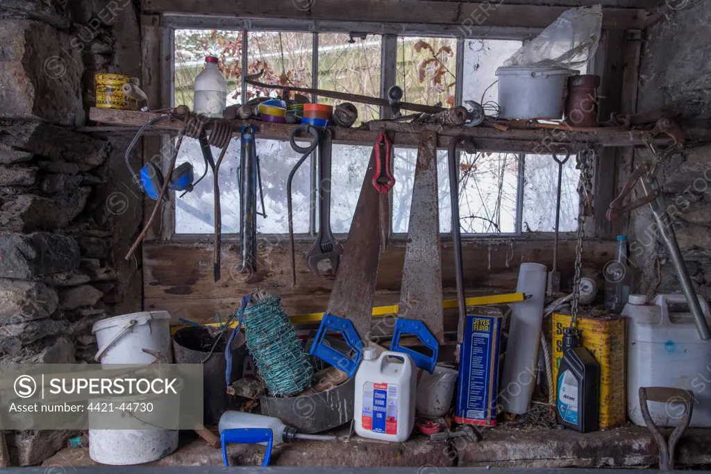 Tools and containers inside stone barn on farm, Braesteads Farm, Grisedale, Lake District, Cumbria, England, January