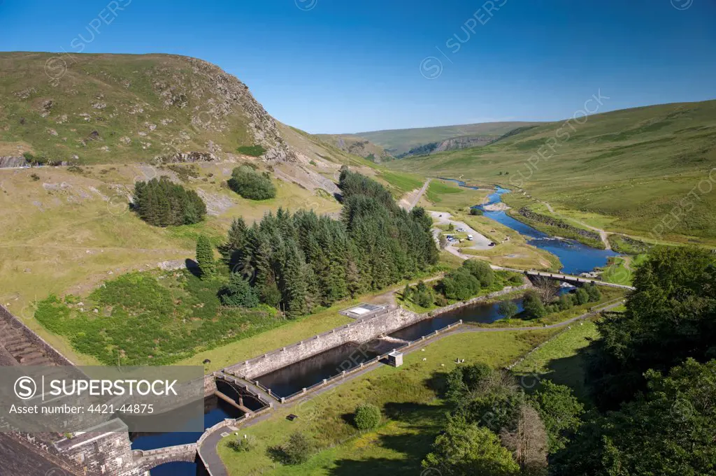View of dam overflow, Claerwen Reservoir, Elan Valley, Powys, Wales, July