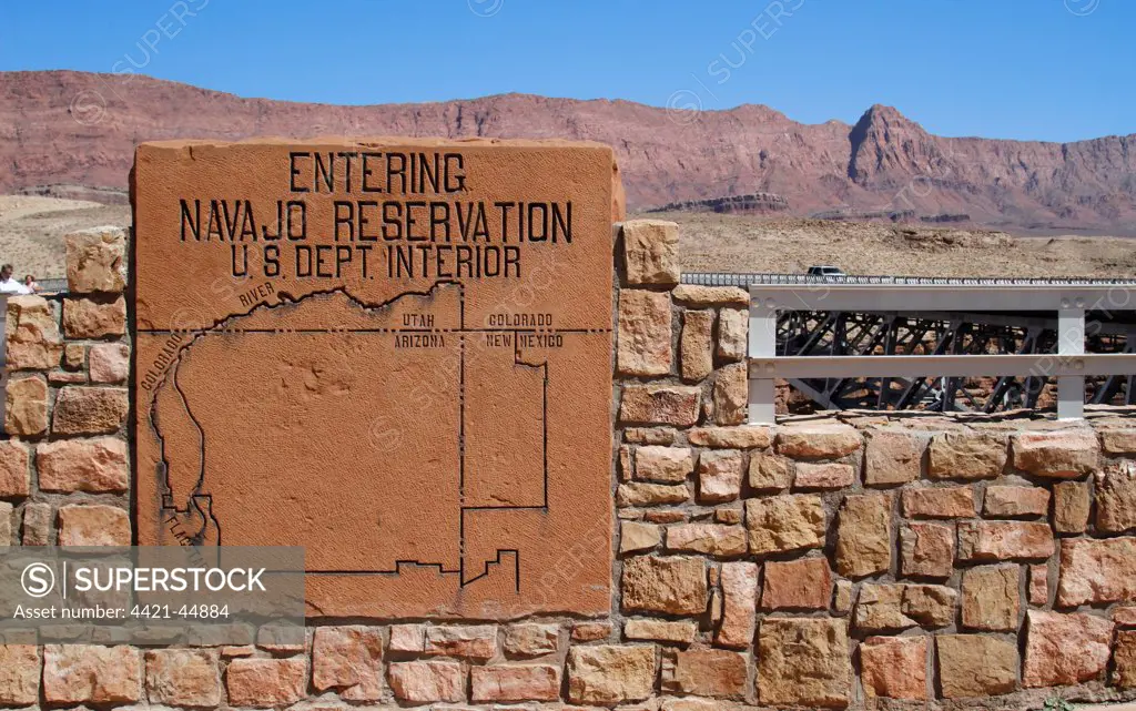 'Entering Navajo Reservation' sign, Colorado Bridge, near Page, Arizona, U.S.A., May
