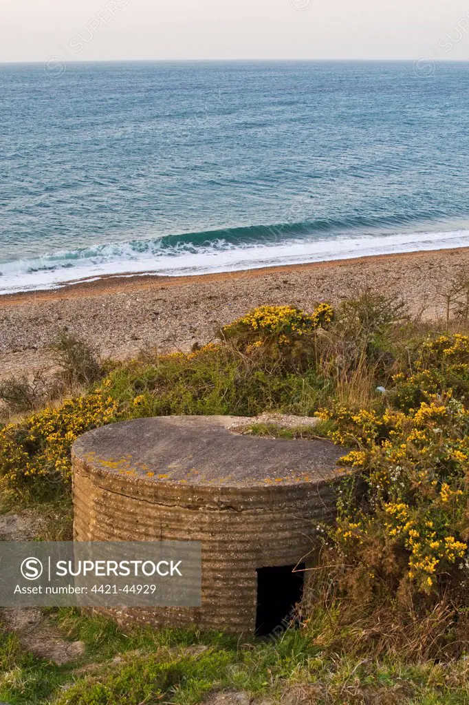 World War Two FW3 Type 25 pillbox overlooking beach, Ringstead Bay, Dorset, England, April