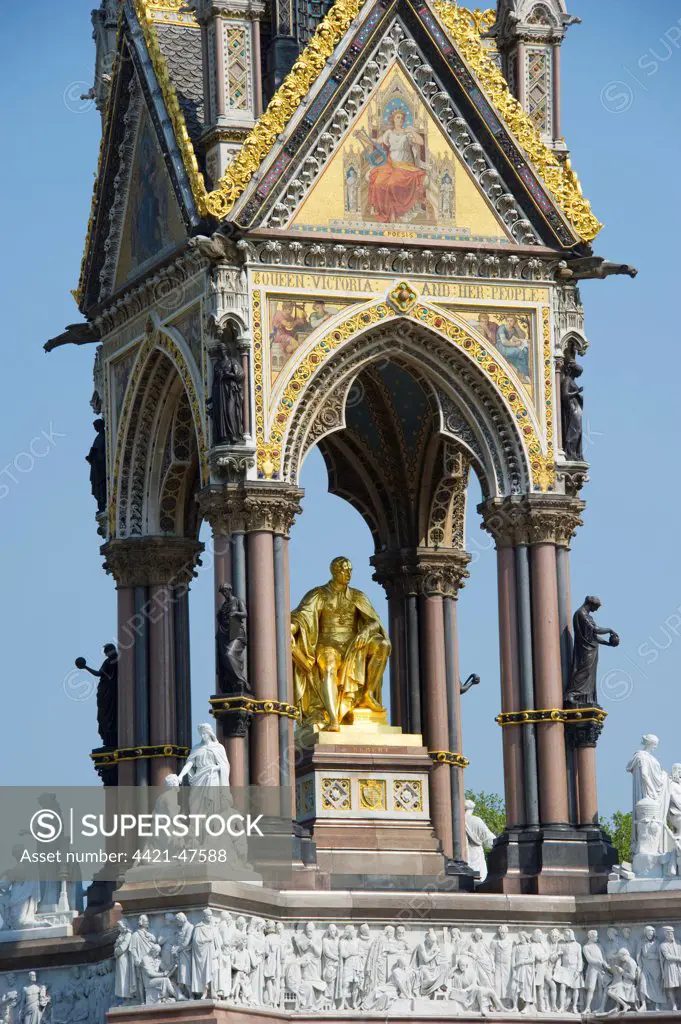 Canopy and gilded memorial statue of Prince Albert, Albert Memorial, Kensington Gardens, City of Westminster, London, England, april