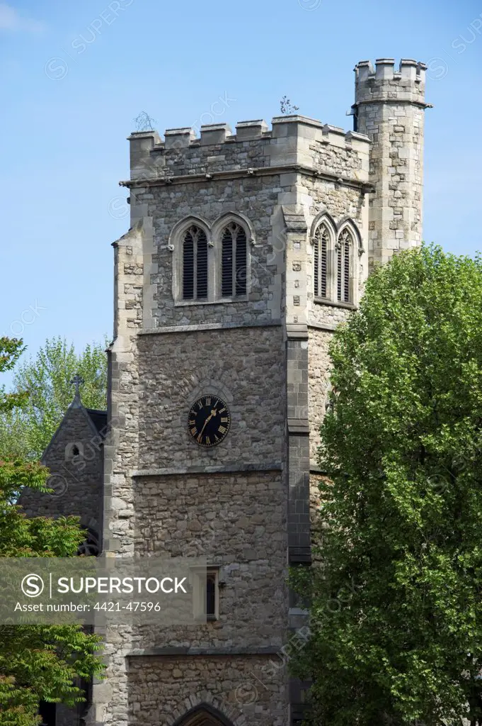 Medieval and Victorian tower of deconsecrated church, The Garden Museum (Museum of Garden History), St. Mary-at-Lambeth, Lambeth Palace, Lambeth, London, England, april