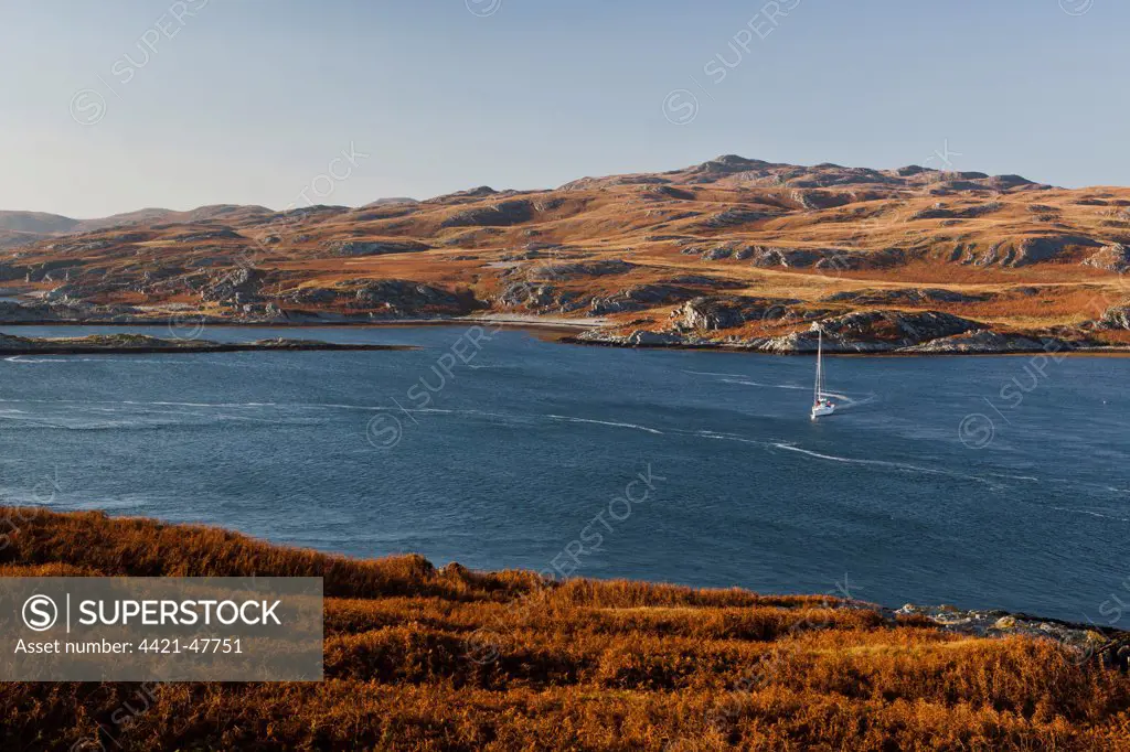 View of yacht on sea loch, view across to Ruantallan from Tarbert Estate, Loch Tarbert, Isle of Jura, Inner Hebrides, Scotland