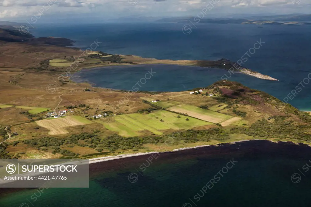 Aerial view of coastline with bay, Knockrome, Ardfernal, Corran Sands and Lowlandman's Bay, Isle of Jura, Inner Hebrides, Scotland