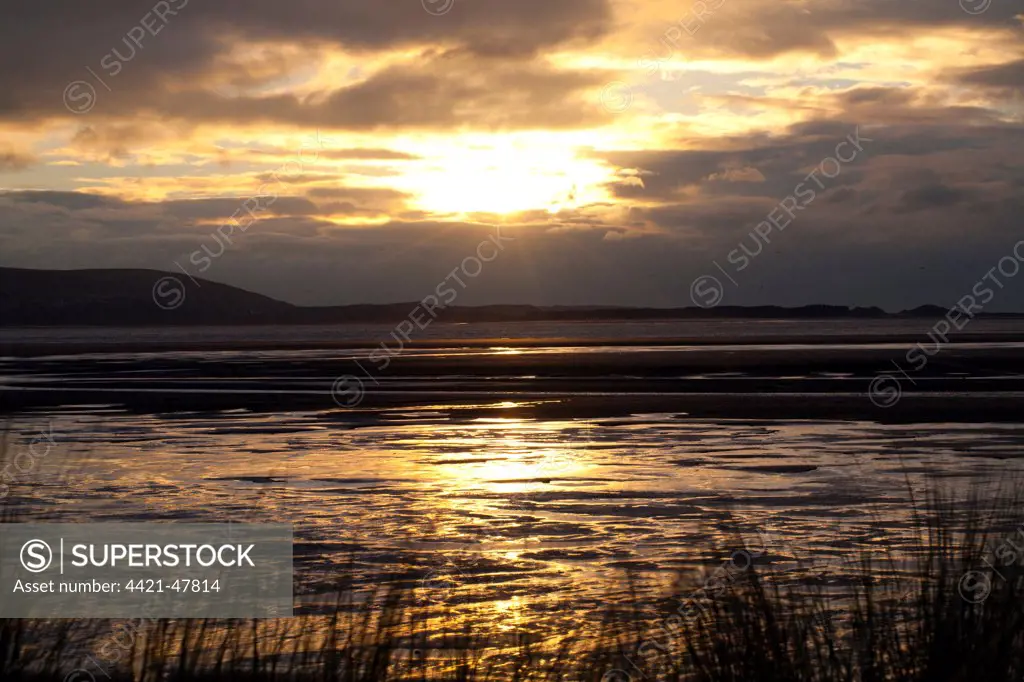 View across estuary at sunset, River Loughor, from Llanelli to Gower Peninsula, Carmarthenshire, Wales, January