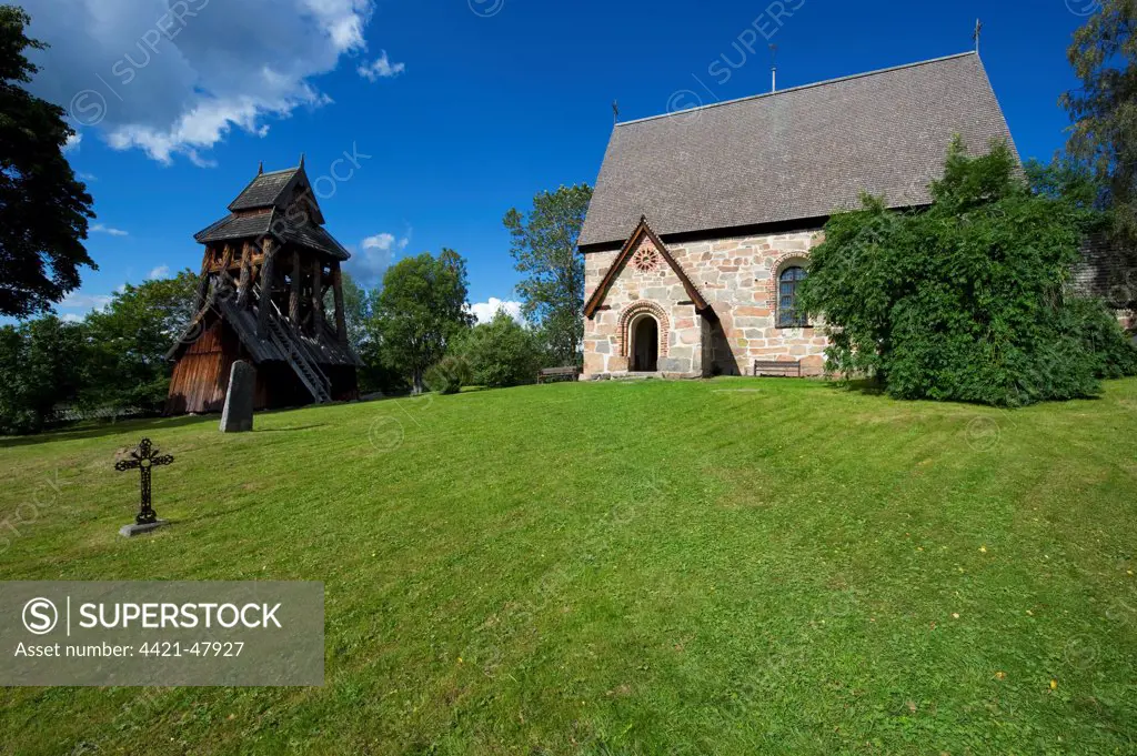 Medieval church and freestanding belltower, Trono Old Church, Halsingland, Norrland, Sweden, august