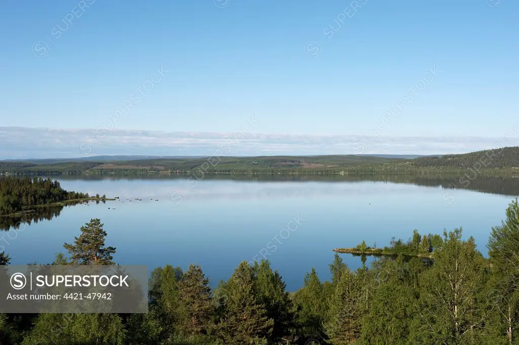 View across lake, Vilhelmina, Lappland, Sweden, June
