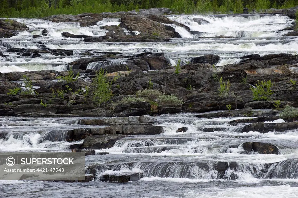 River with multi-step waterfalls, Trappstegsforsen, Lappland, Sweden, June