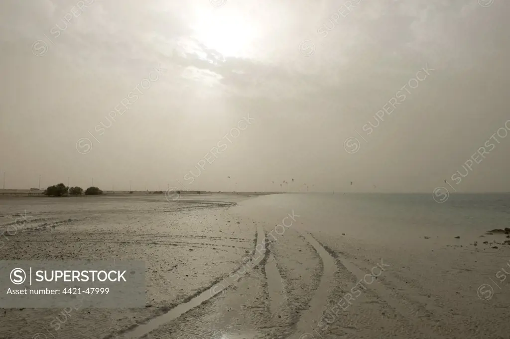 Sudden sandstorm developing over beach blotting out sun and catching distant kite surfers, Arabian Gulf, Abu Dhabi, United Arab Emirates, April