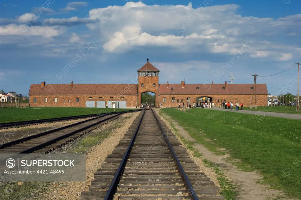 Railway at main entrance of concentration and extermination camp, Auschwitz Birkenau, Poland