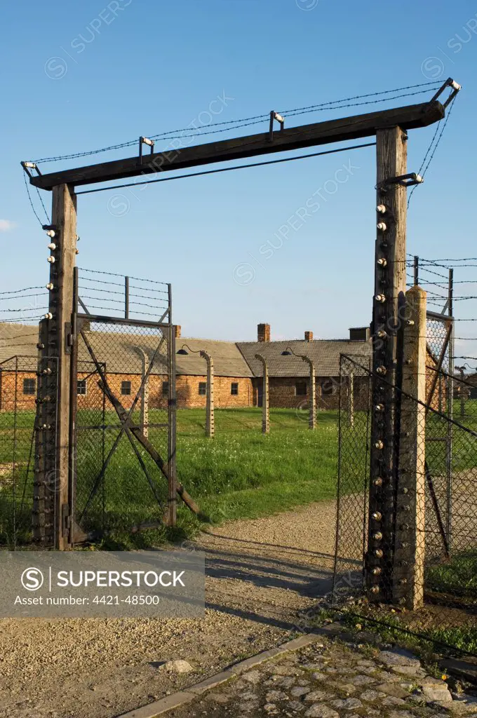 Gateway into concentration and extermination camp, Auschwitz Birkenau, Poland