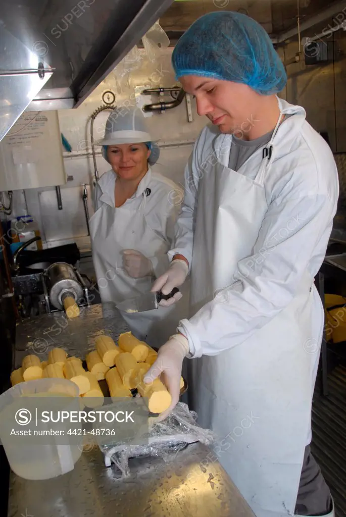 Workers weighing out butter patts, making organically made butter from unpasteurized milk, on organic dairy farm, Hook and Son, Longleys Farm, near Hailsham, Pevensey Levels, East Sussex, England, April