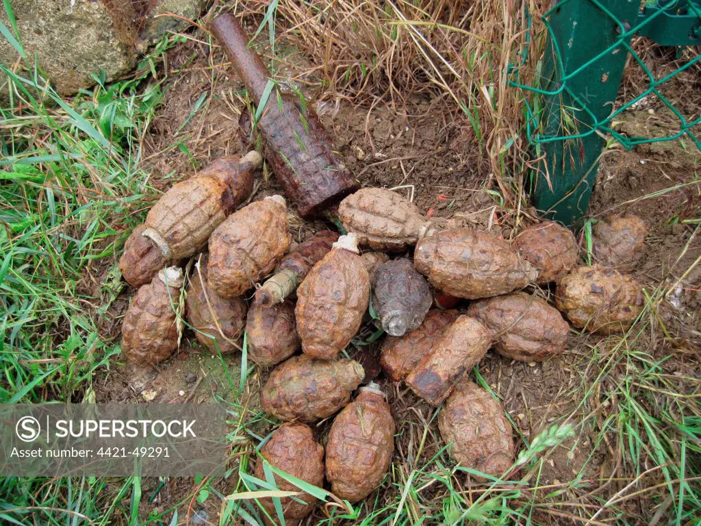 'Iron Harvest', World War One unexploded grenades, recently recovered from fields, Somme Battlefield, Somme, Picardy, France, May