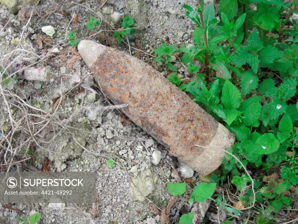 'Iron Harvest', World War One high explosive shell, unexploded, Somme Battlefield, Somme, Picardy, France, May