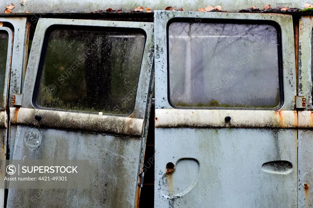 Close-up of doors on scrap Volkswagen camper van, Sweden, october