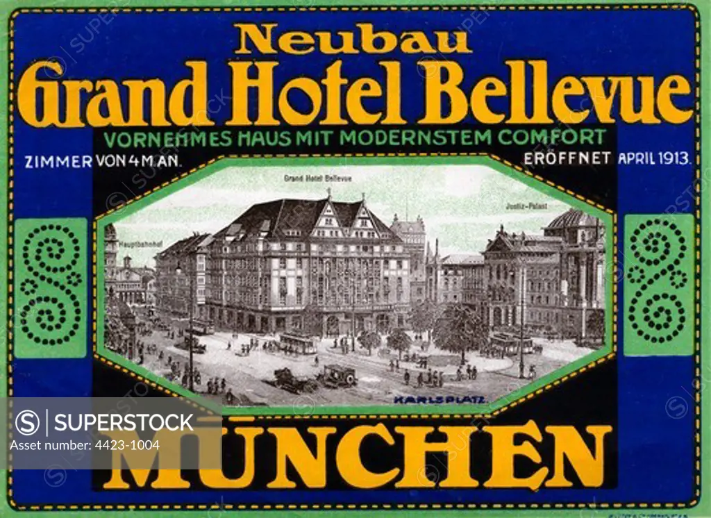 Luggage label from 1916 for Grand Hotel Bellevue, Germany.
