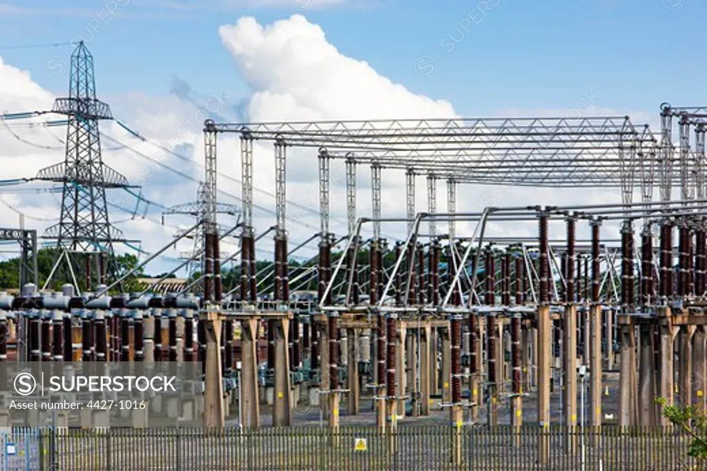 Electricity substation at Heysham Nuclear Power Station, Heysham, Lancashire, England