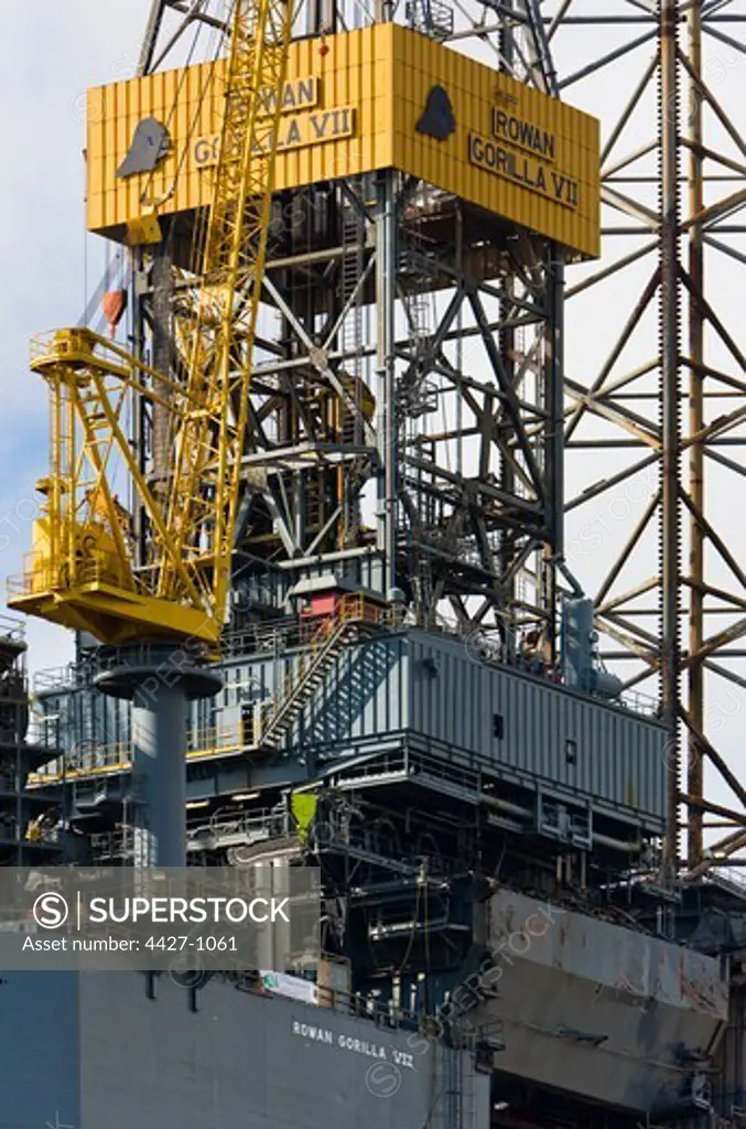 Close-up of a Jackup oil drilling platform Rowan Gorilla VII undergoing repairs at Dundee Docks, Scotland