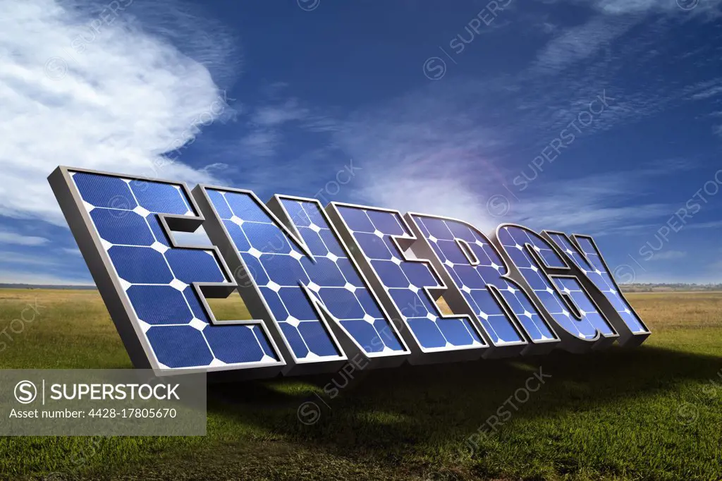 Energy solar panels in sunny rural field