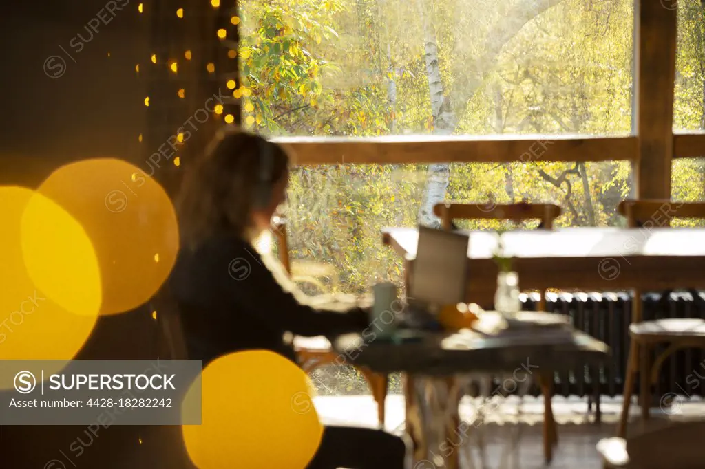 Businesswoman working in cafe with window view of autumn trees