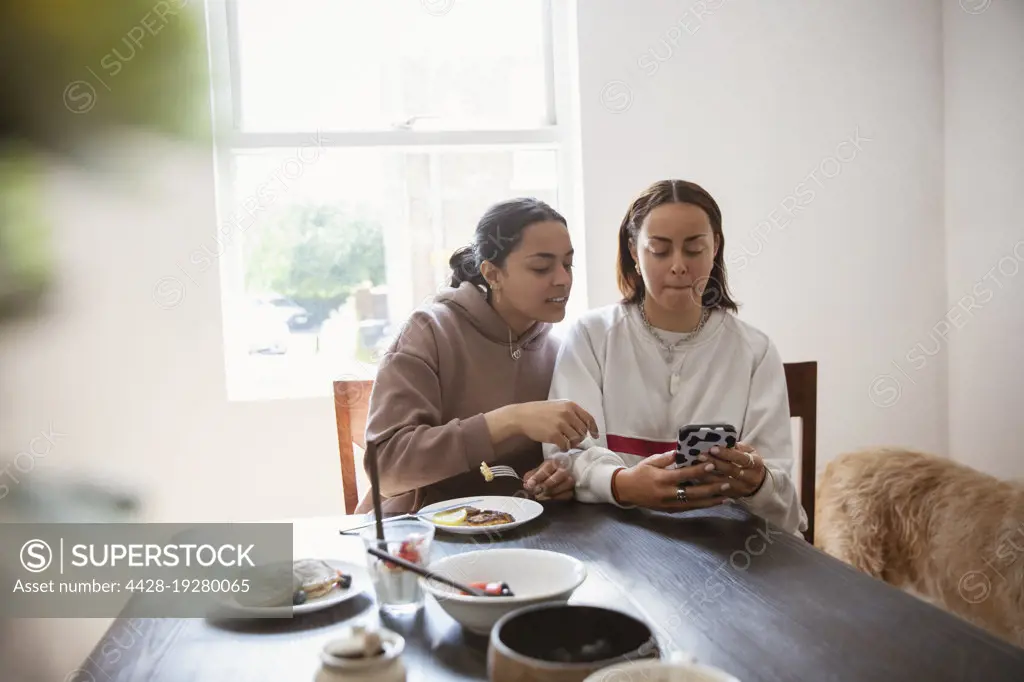 Young adult sisters using smart phone at dining table
