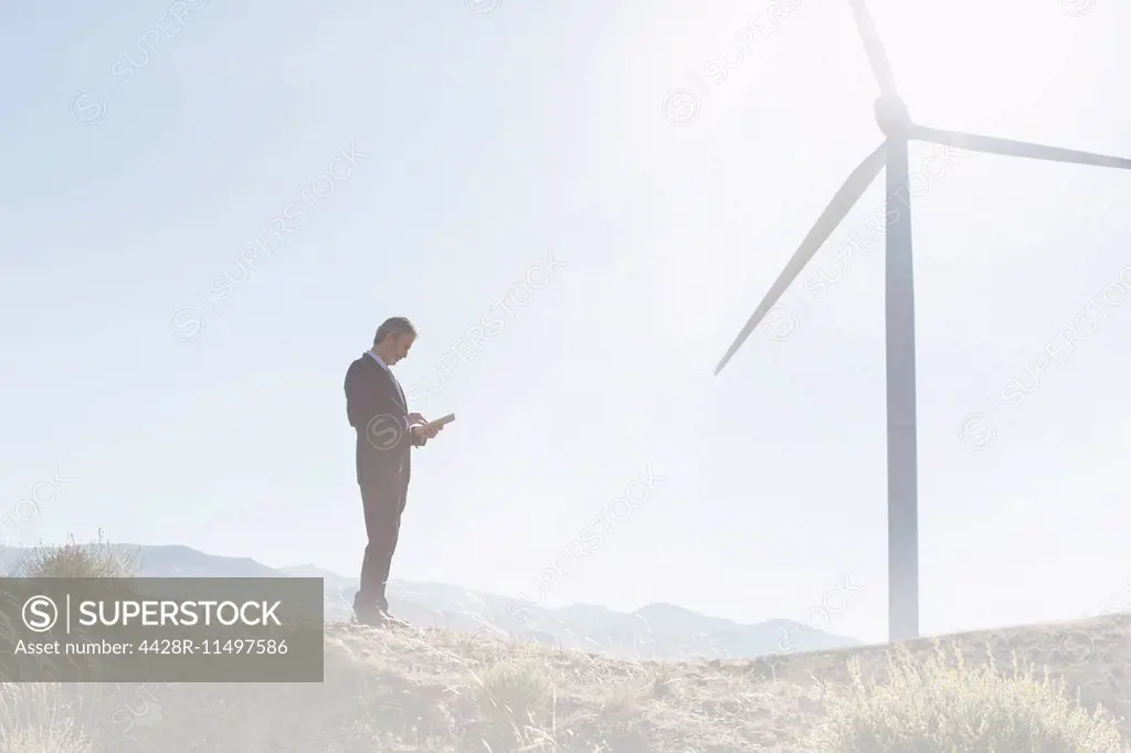 Businessman using laptop by wind turbine in rural landscape