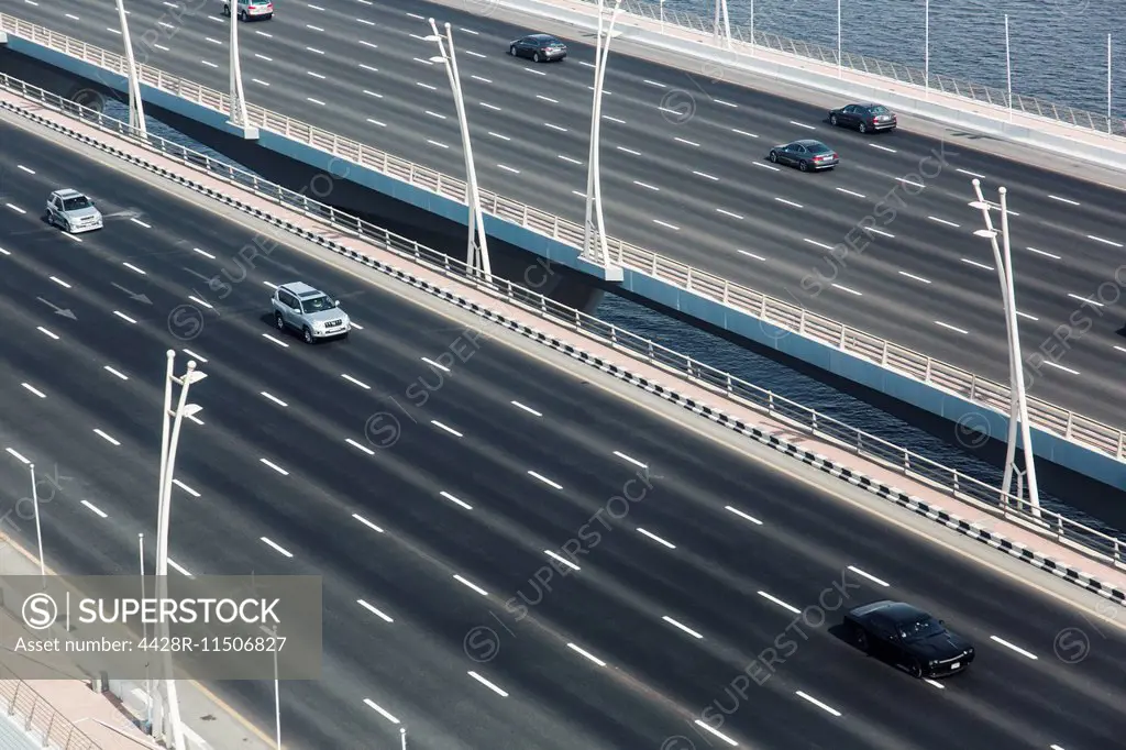 Cars on freeway bridge