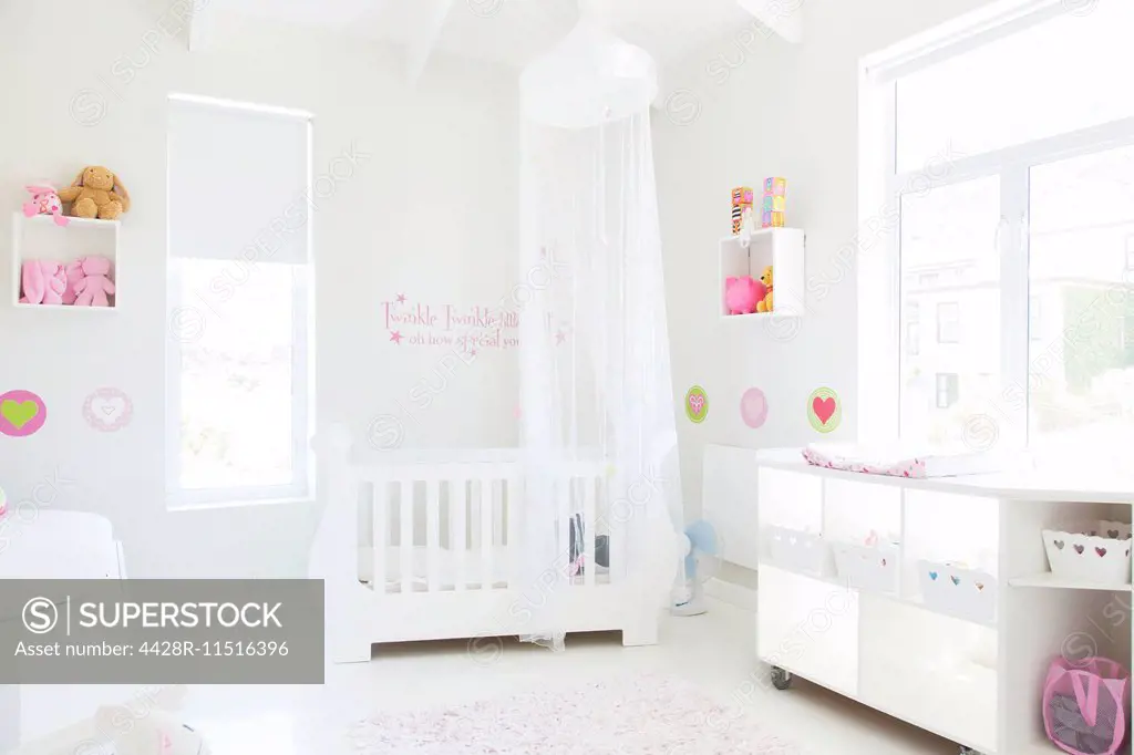 White crib with tulle canopy in pastel colored baby's room