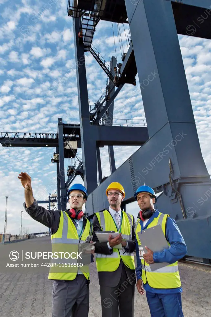 Businessmen and worker talking near cargo crane