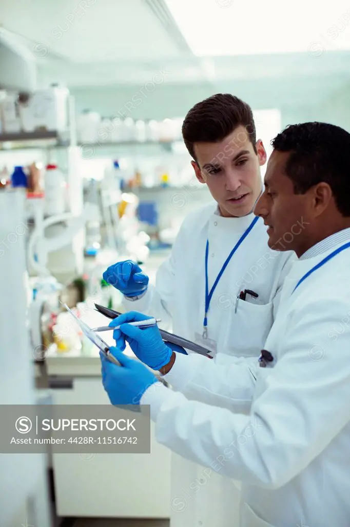 Scientists taking notes in laboratory