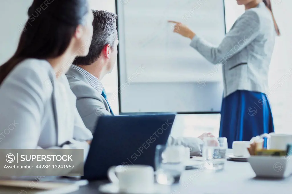 Businesswoman leading meeting at flip chart in conference room