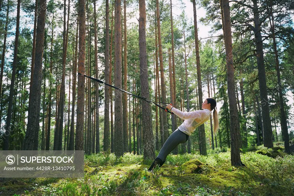 Runner using resistance band on tree in woods