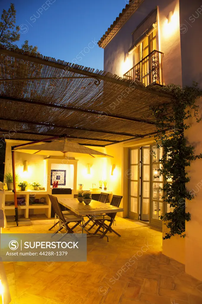 Spain, Illuminated patio of luxury villa