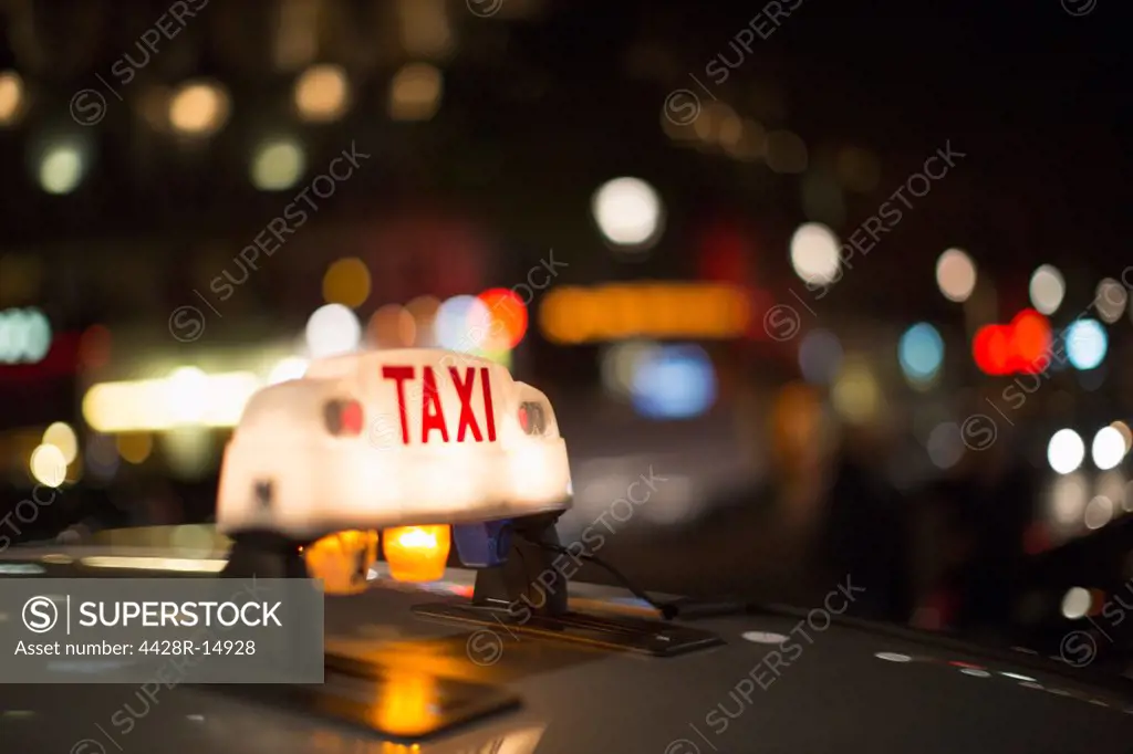 Close up of illuminated Parisian taxi light, Paris, France, Paris, France