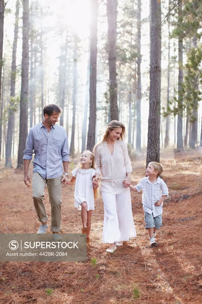 Cape Town, South Africa, Happy family holding hands and walking in sunny woods