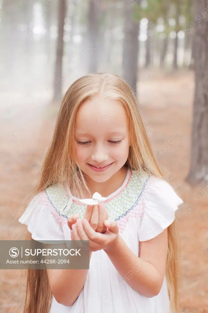 Cape Town, South Africa, Close up of girl holding butterfly in woods