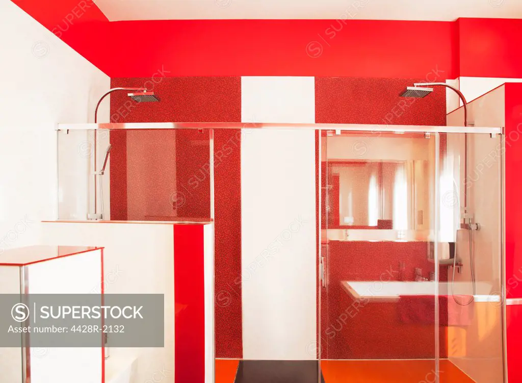 Spain, Red and white luxury modern bathroom