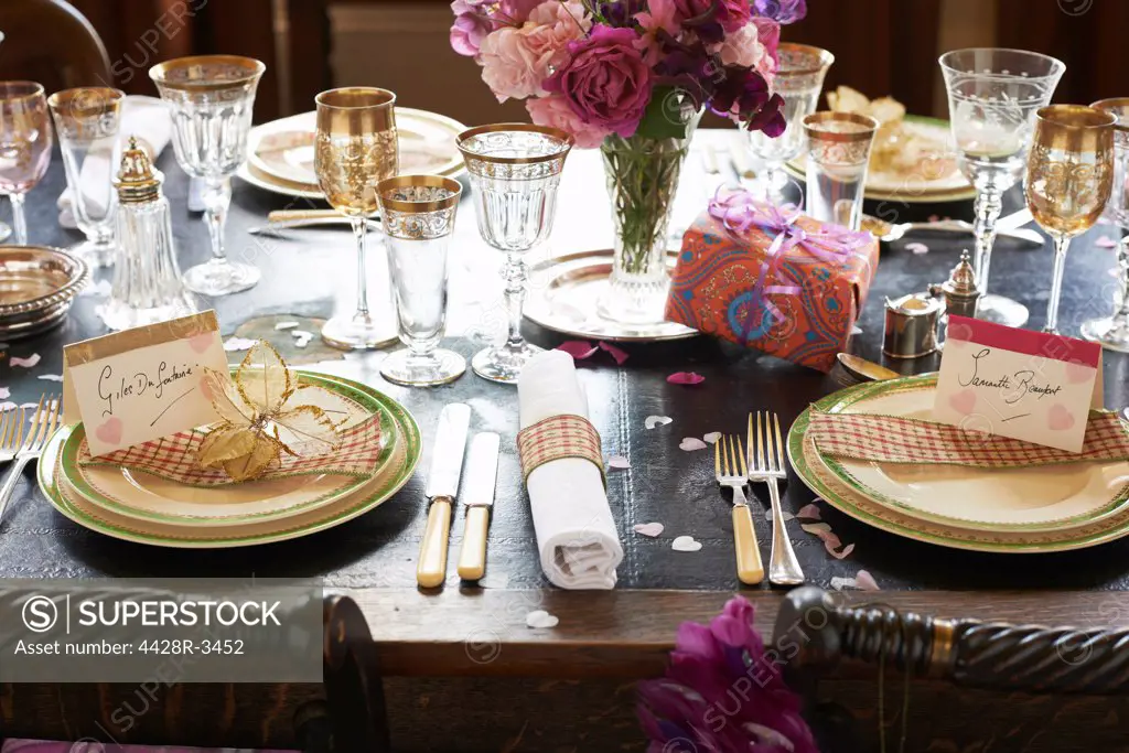 Table set for wedding reception,belmonthouse, UK