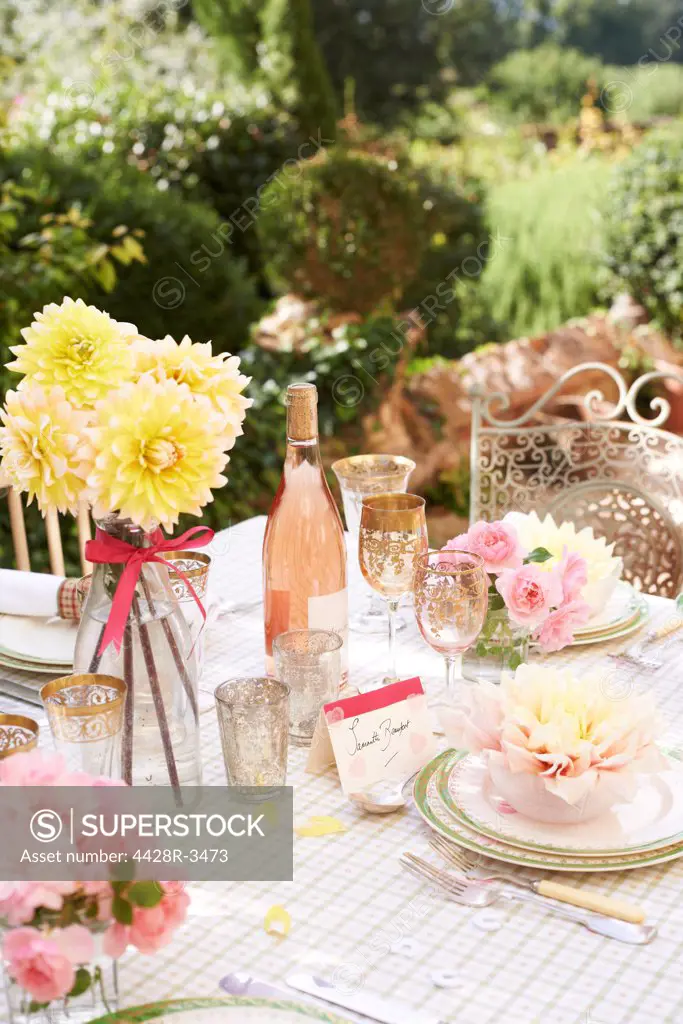 Table set for wedding reception outdoors,belmonthouse, UK