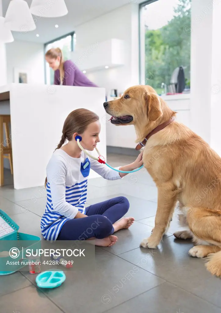 Girl playing doctor with dog in kitchen,Guildford, UK