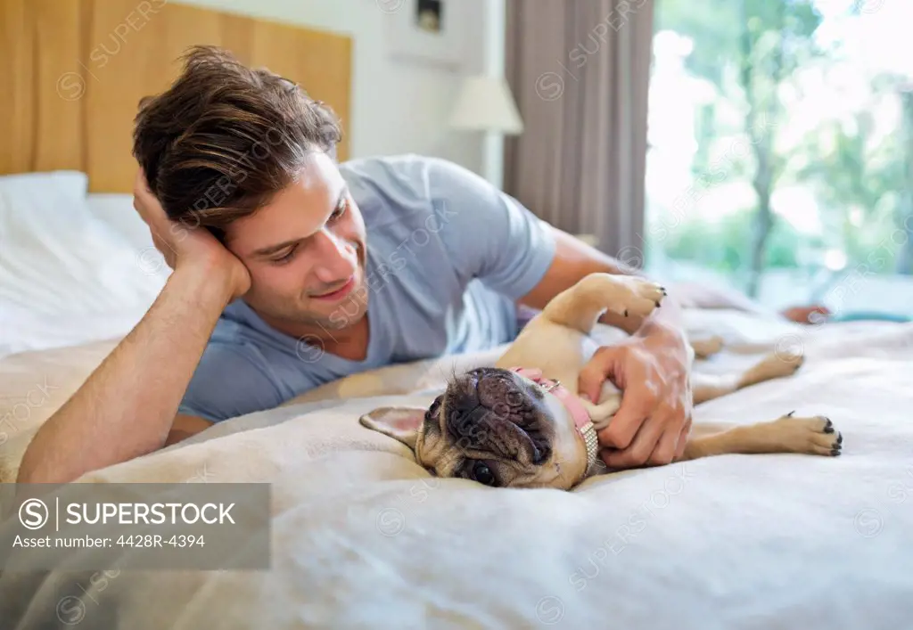 Man petting dog on bed,Guildford, UK