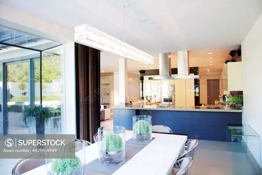Dining room and kitchen in modern home,Kingston, United Kingdom