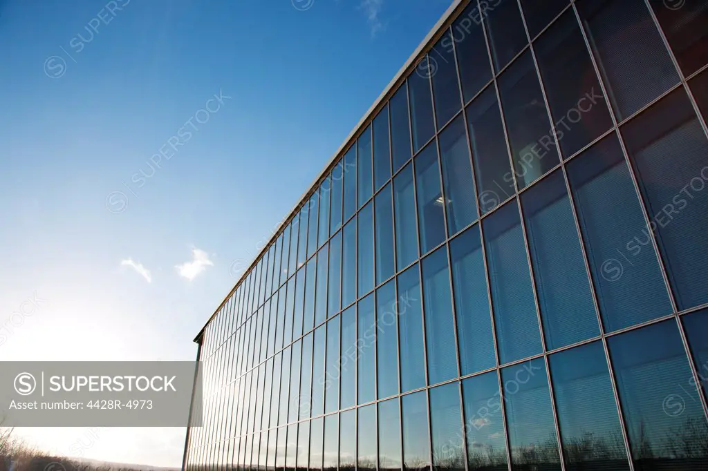 Blue sky reflected in modern building,Farnborough, United Kingdom
