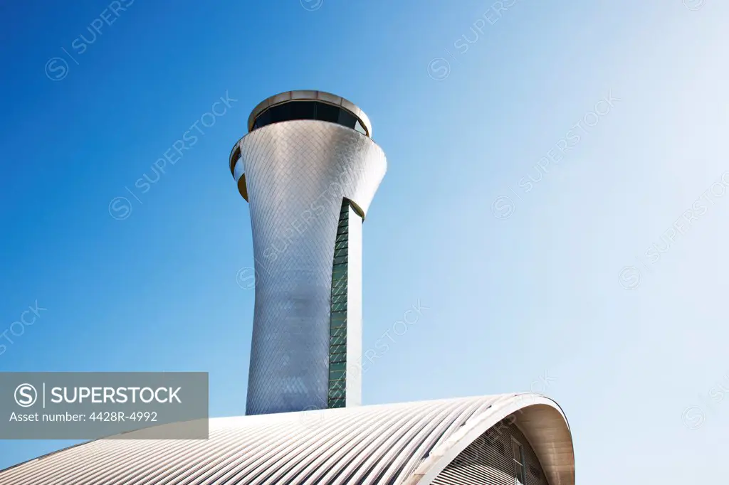Air traffic control tower and blue sky,Farnborough, United Kingdom