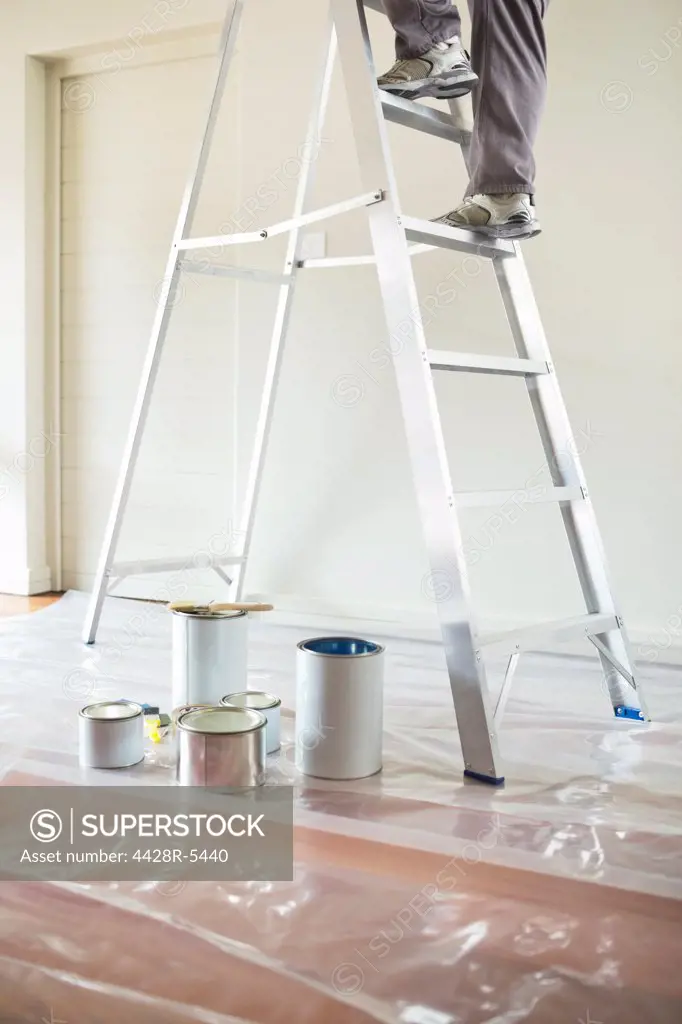 Man climbing ladder to paint room