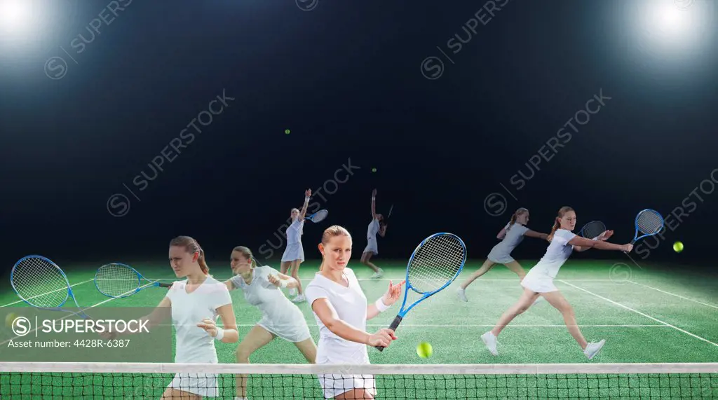Multiple exposures of tennis player on court